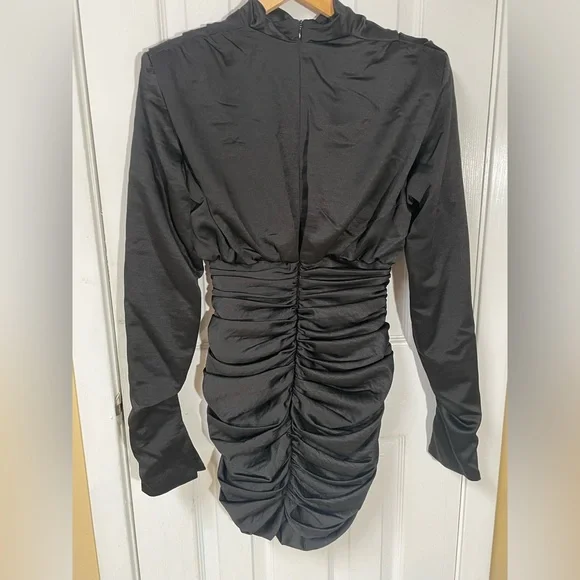 House of CB London Dress Small Giorgiana Ruched Long Sleeve Satin Black Party - Picture 3 of 8